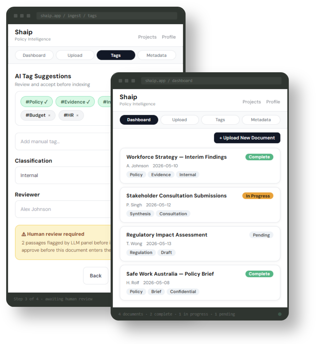 Shaip dashboard showing a document review queue with policy documents at various stages of completion